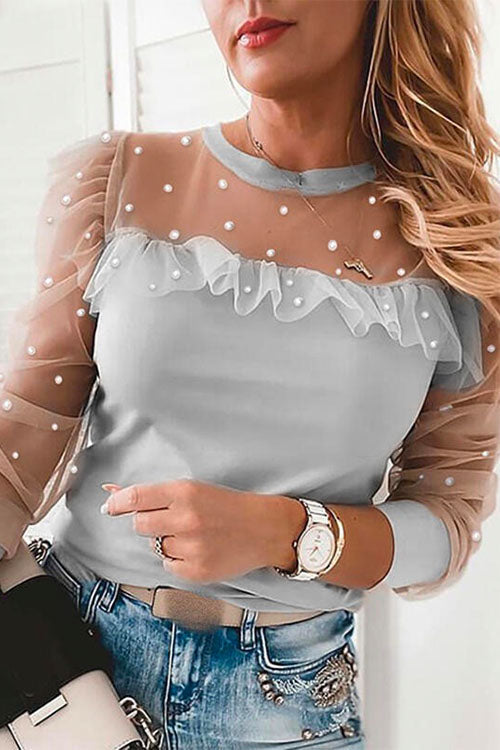 Crewneck Puff Sleeve Lace Splice Chiffon Top