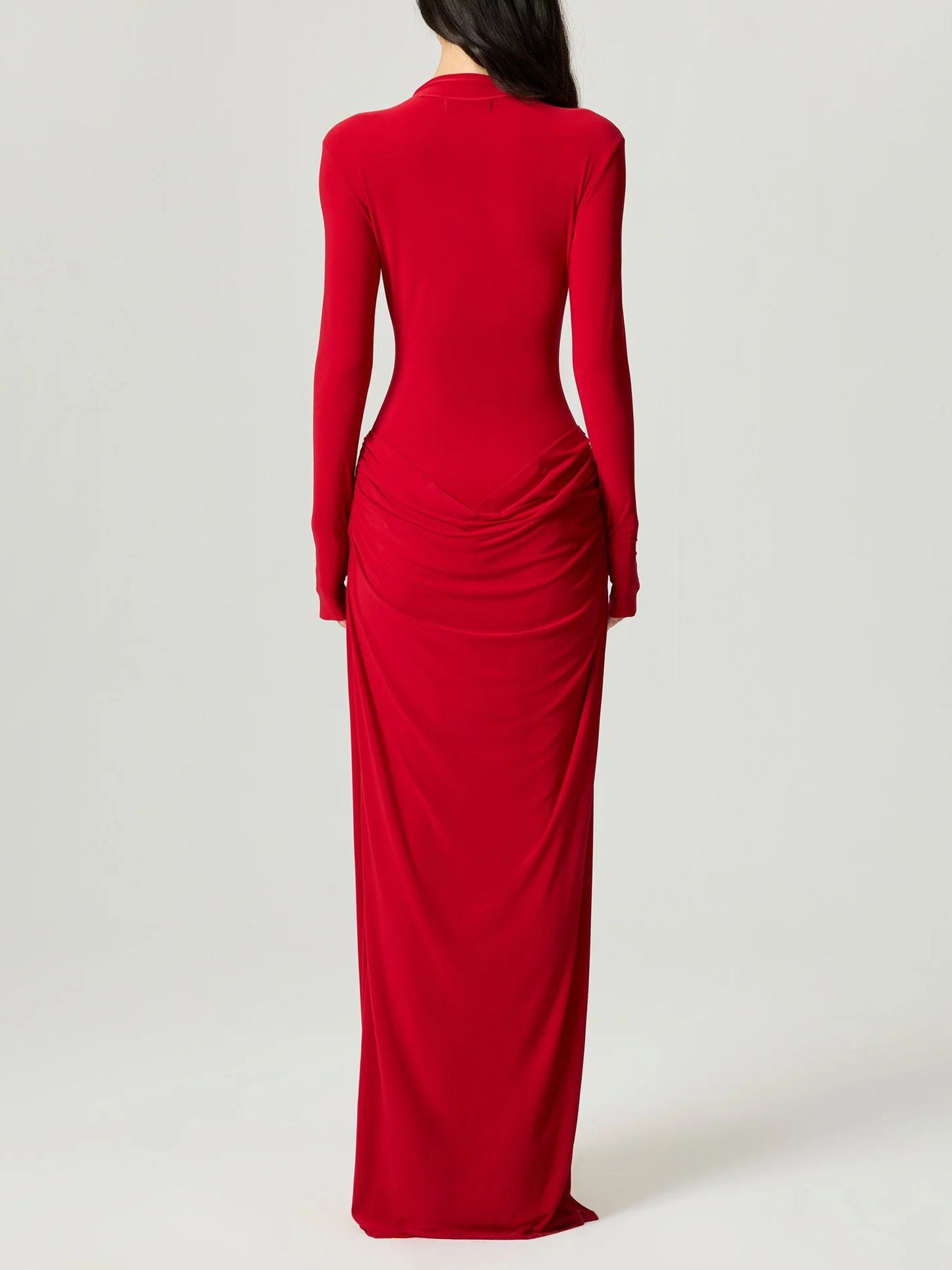 Elegant High-Neck Ruched Long-Sleeved Bodycon Maxi Dress