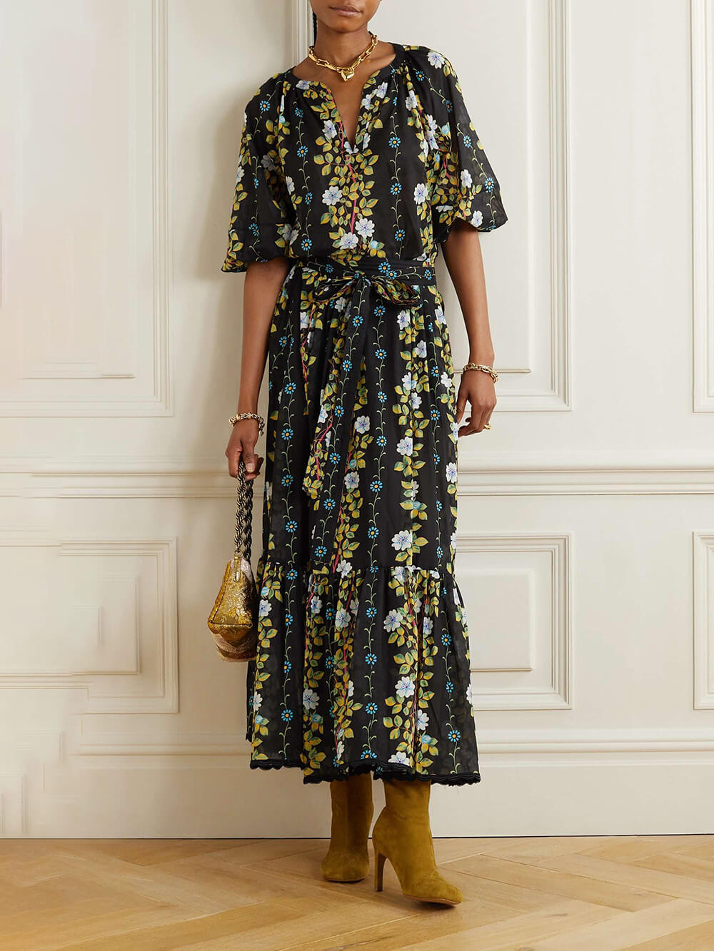 Elegant Scalloped Floral Print Chiffon With Lantern Sleeves Blouse