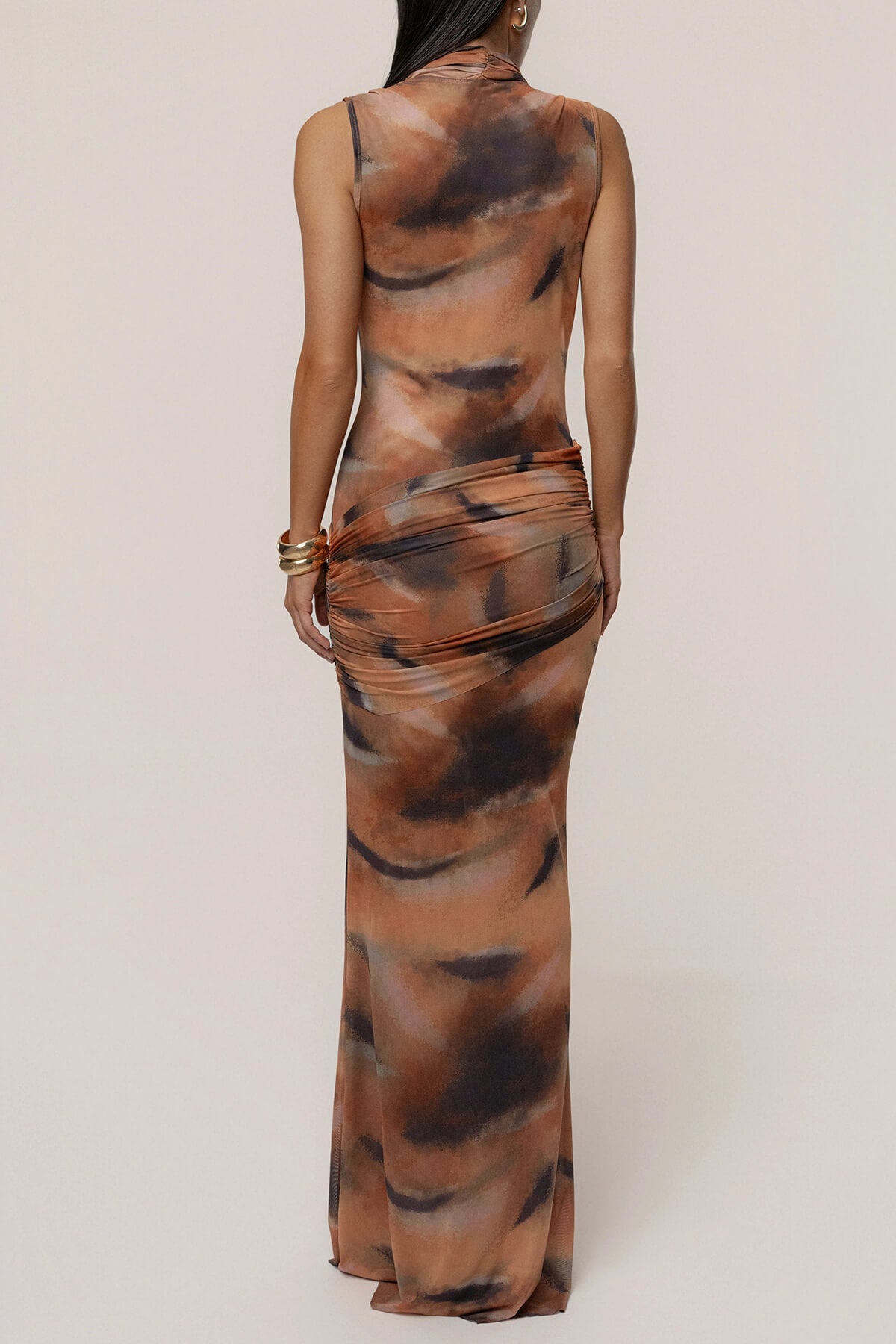 Elegant Abstract Print Draped Neckline Maxi Dress