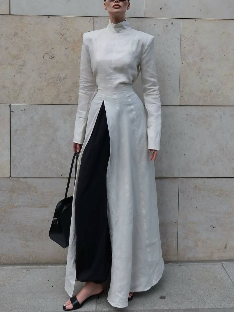 Long Sleeve Slit Shirt Dress And Wide Leg Pants Suit-Shirt Dress