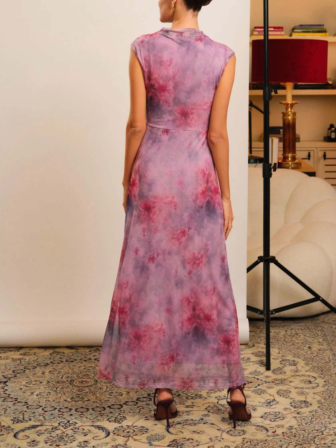 Retro Gradient Floral Mesh Print Slim Maxi Dress