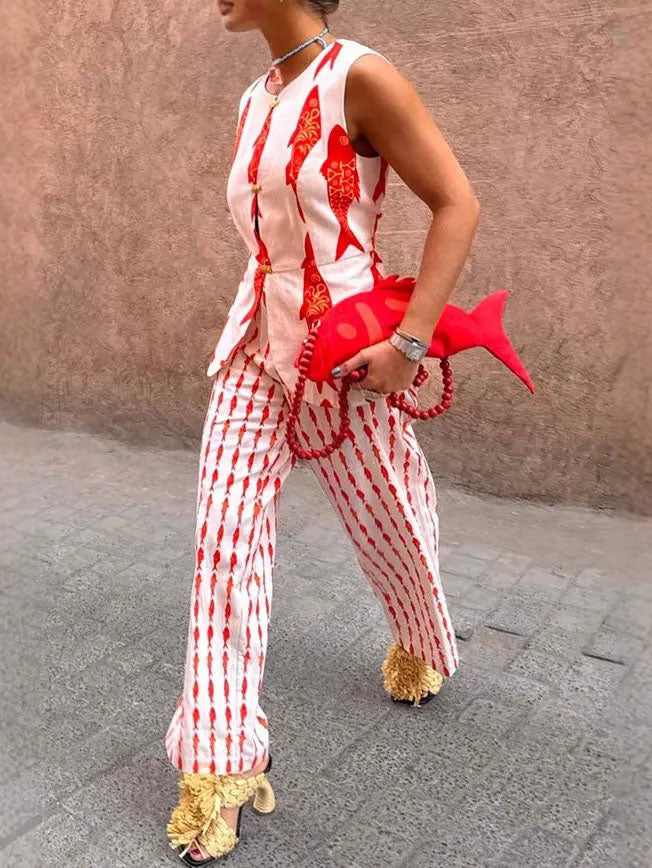 Unique Lucky Fish Print Elastic Waist Wide-leg Pants