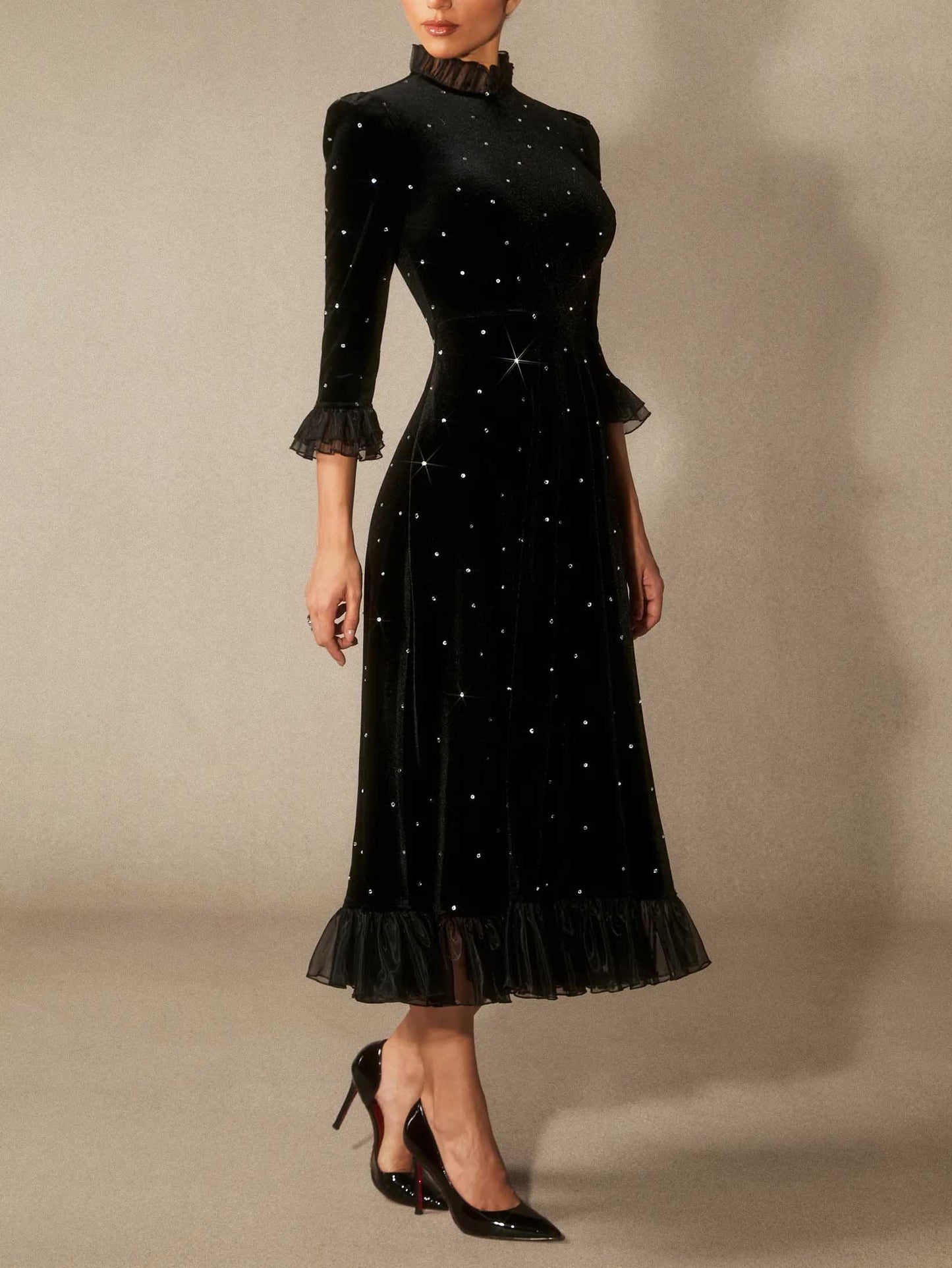 Exquisite Velvet Rhinestone Midi Dress