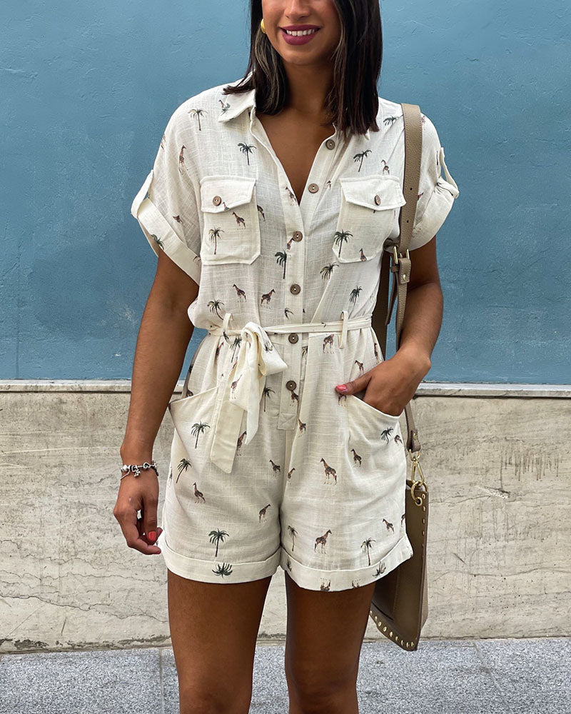 Giraffe print casual jumpsuit