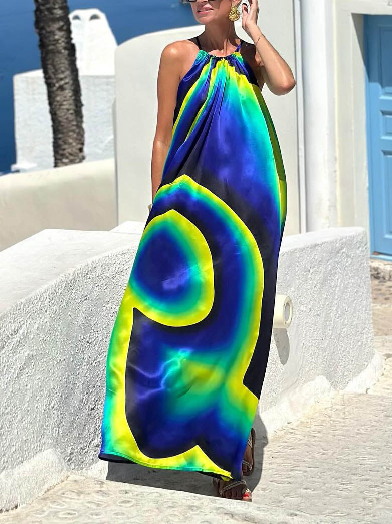 Unique Abstract Swirl Print Halterneck Maxi Dress