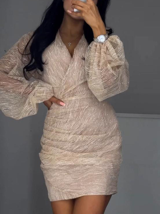 Elegant Mesh Sequined Pleated Mini Dress