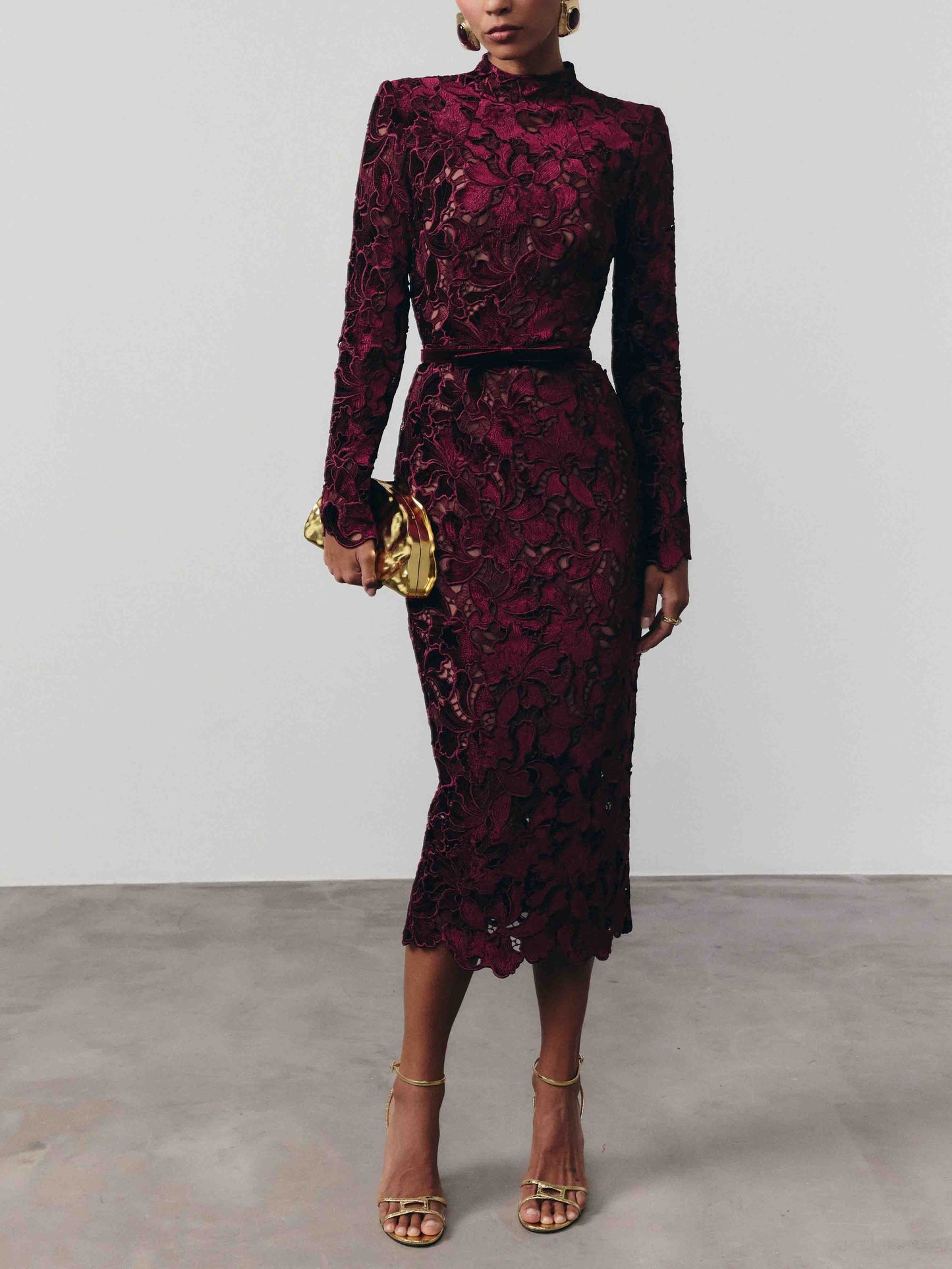 Elegant Embroidered Lace High-Neck Midi Dress