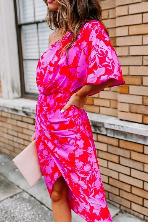 Casual One Shoulder Printed Tulip Hem Dress