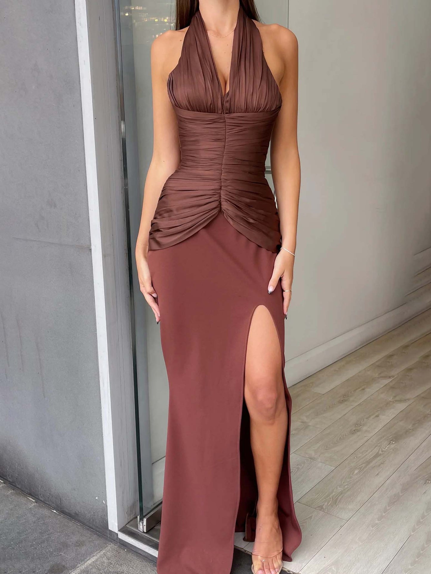 Elegant V-neck Pleated Waist Slit Maxi Dress