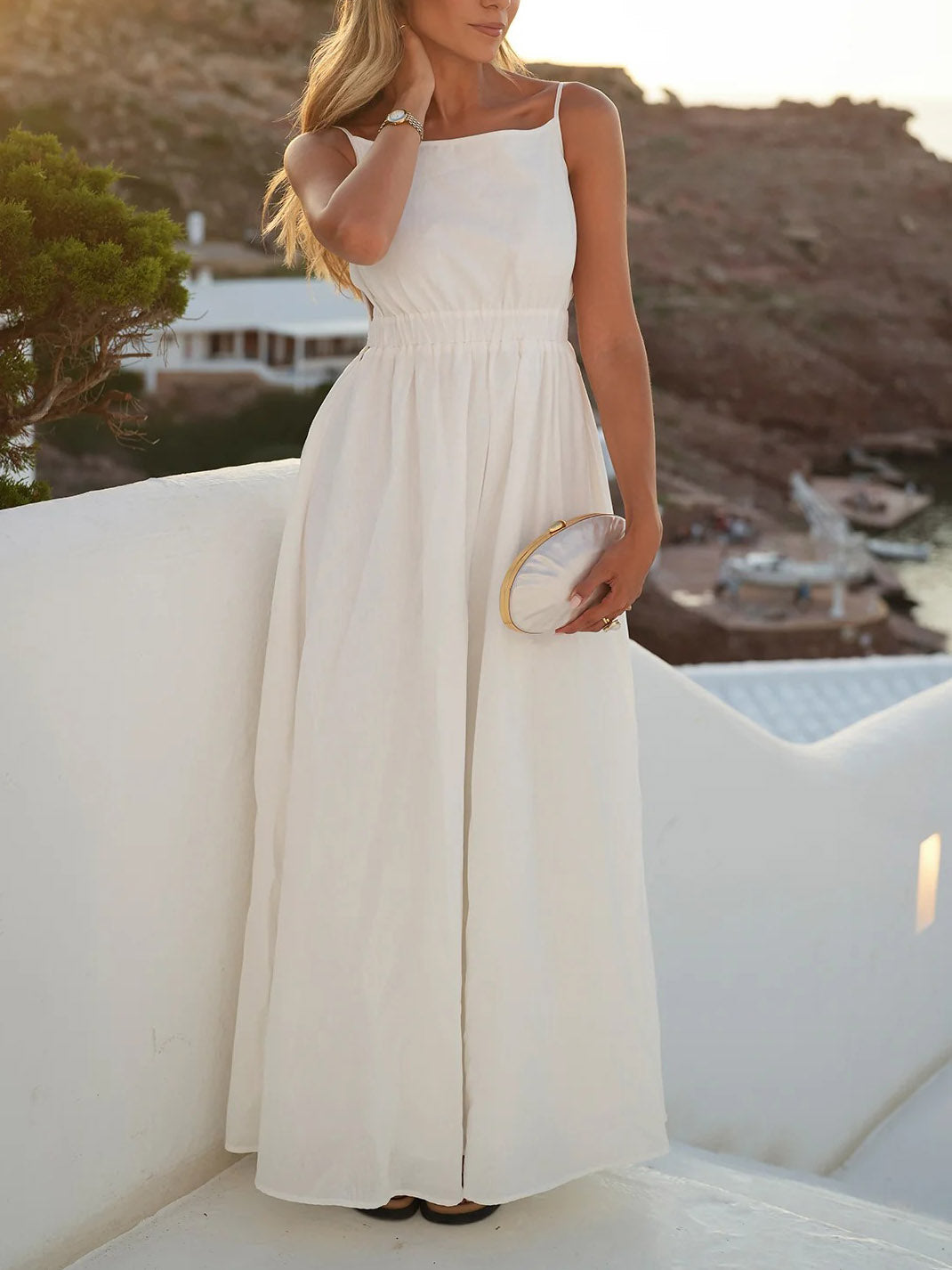 Casual Open Back Drawstring Elastic Waist Maxi Dress