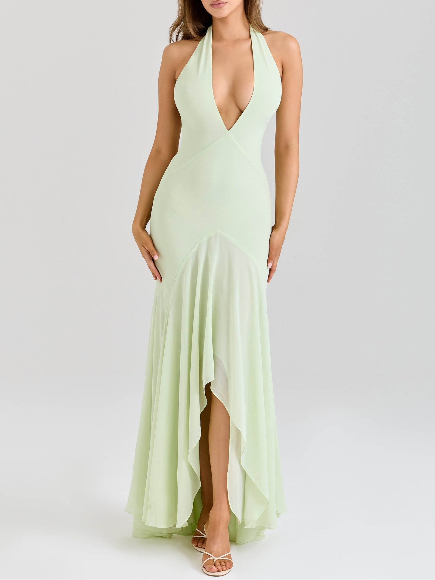 Elegant Deep V-neck Draped Irregular Hem Maxi Dress