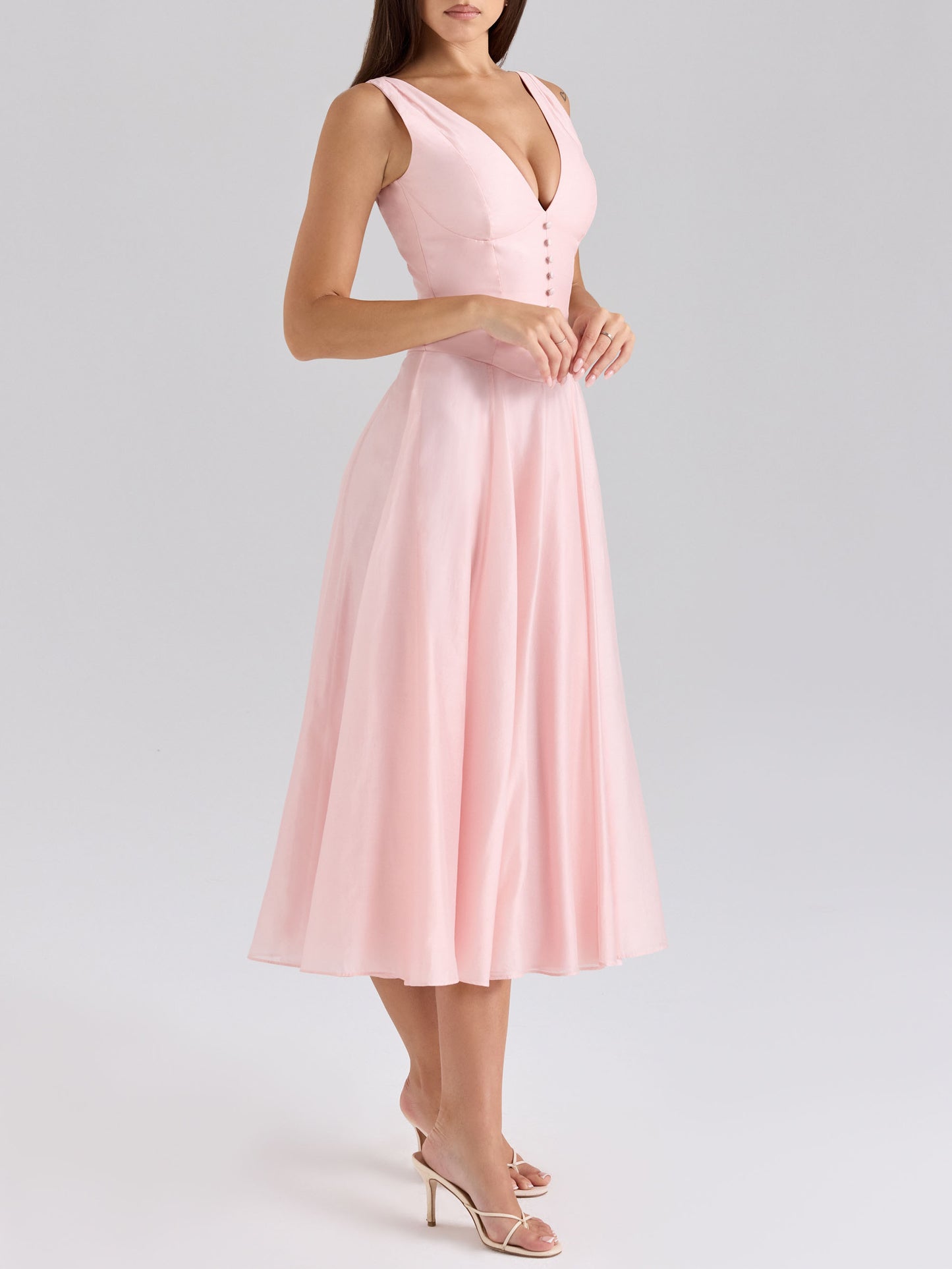 Elegant V-neck Chiffon Button Midi Dress