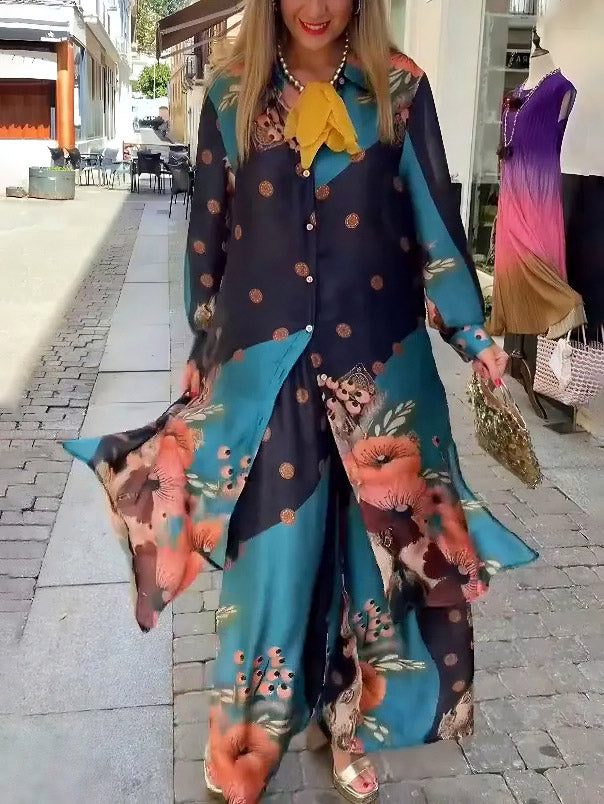 Elegant Satin Floral Print Wide-leg Pants