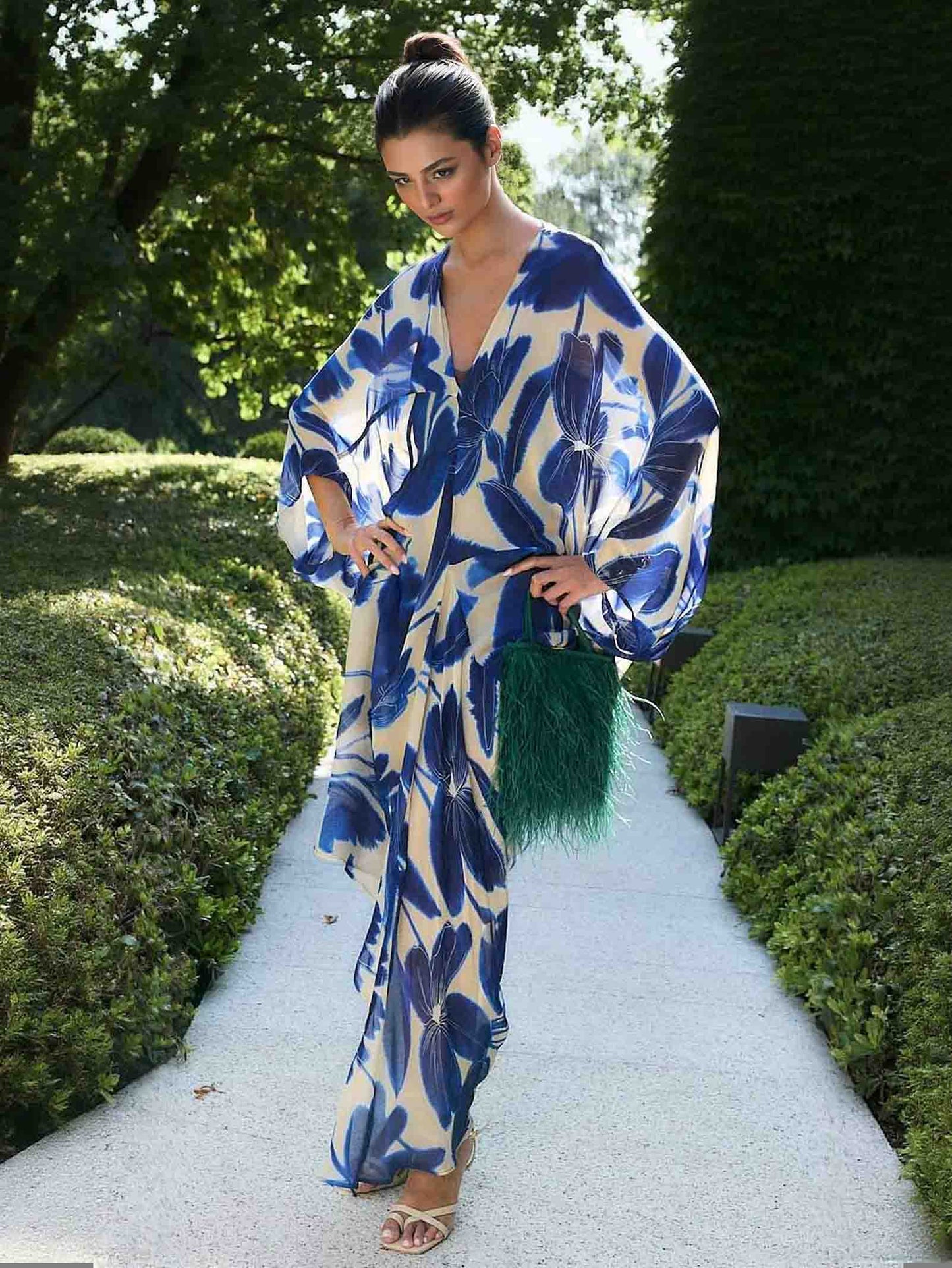 Elegant Oversized Floral Print Batwing Sleeve Chiffon Maxi Dress