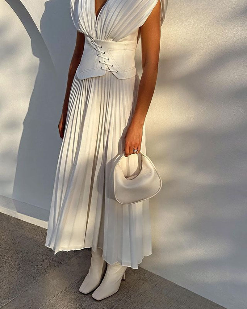 Fashion Solid Color V-neck Crimp Waist Dress