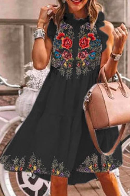 Casual Ruffle Floral Printed Midi Tiered Dress