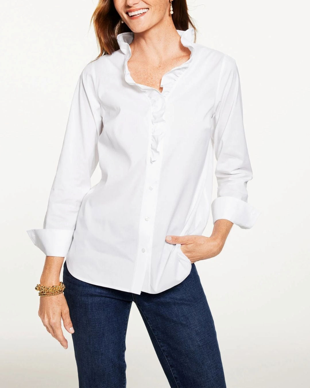 Crisp White Ruffle Neck Button-Down Shirt