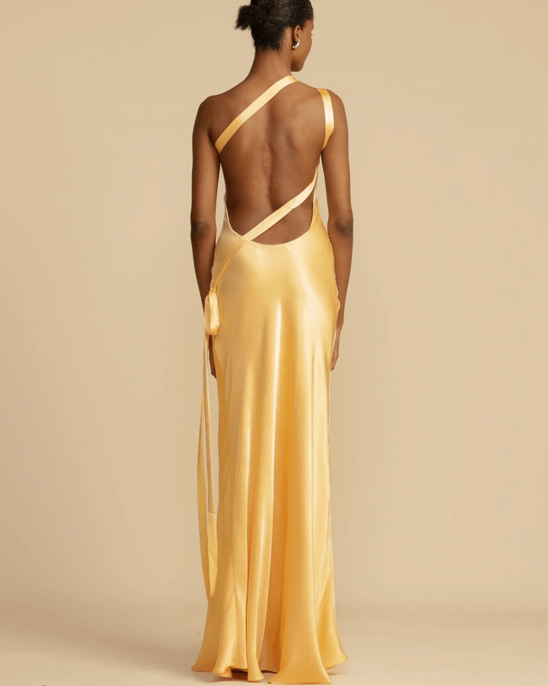 Elastic Waist Satin Drape Yellow Maxi Dress