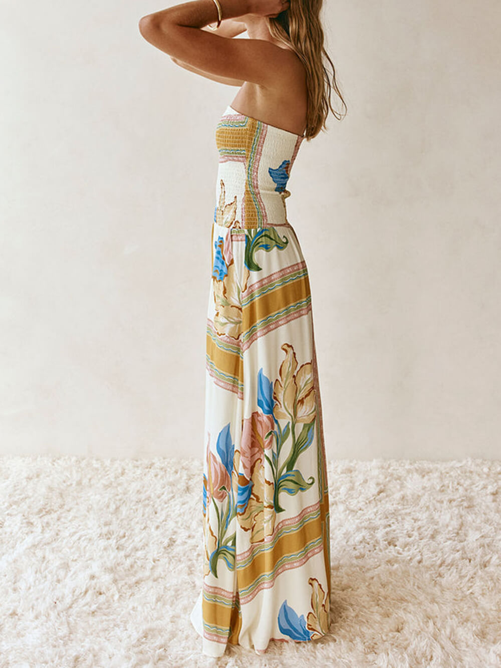 Elegant Off-Shoulder Printed Ruched A-Line With Pockets Maxi Dress