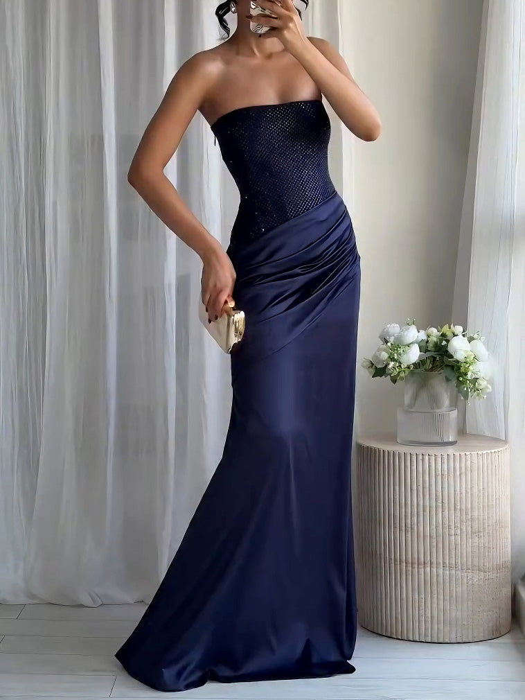 Elegant Strapless Rhinestone Pleated Party Dress