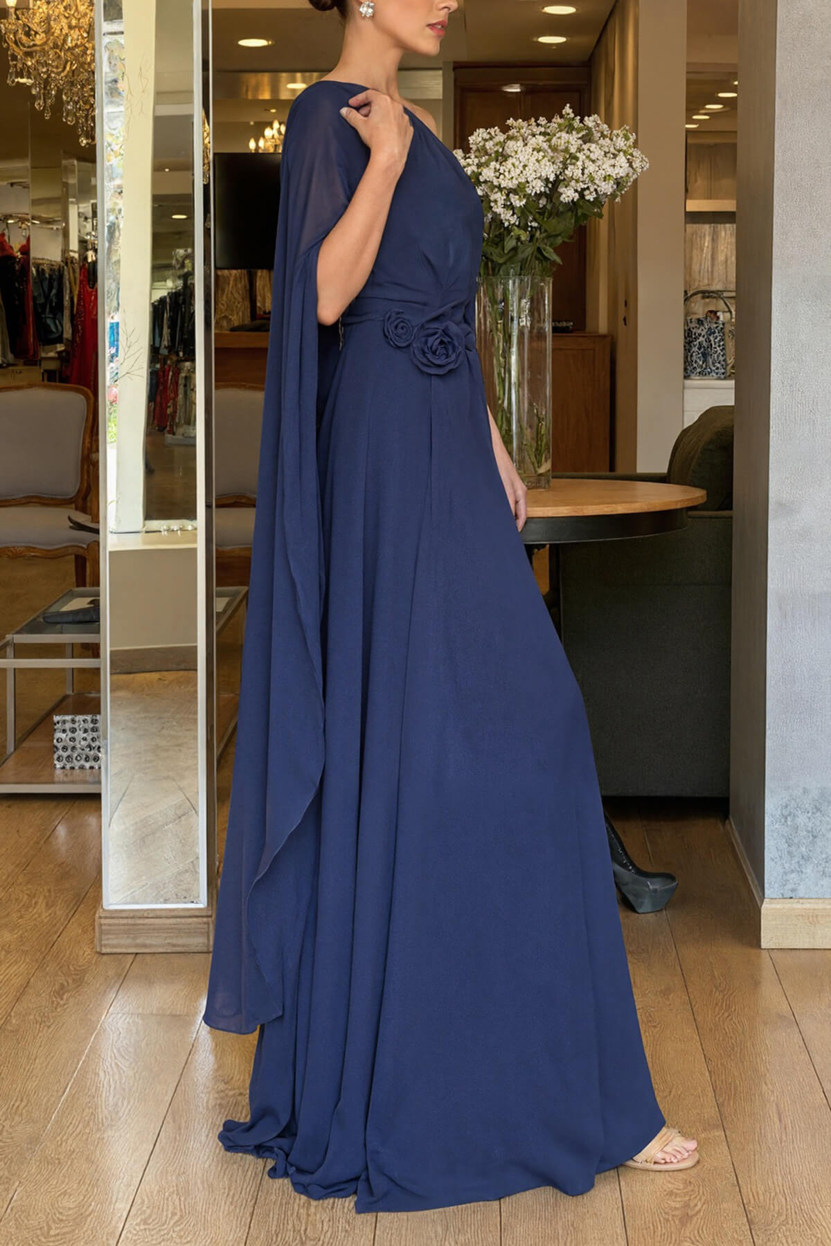 Elegant One-Shoulder Chiffon Flowy Party Maxi Dress
