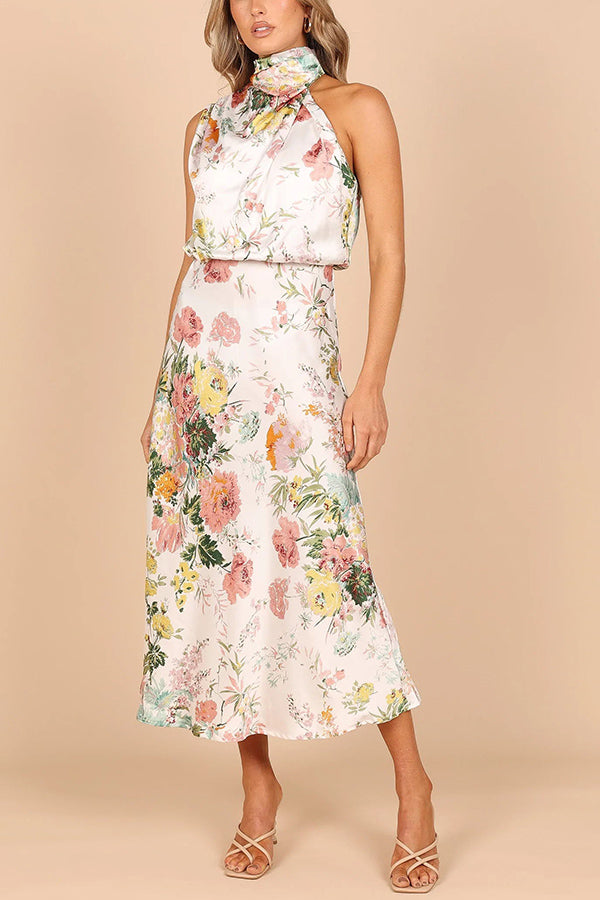 Floral Halter Neck Elastic Waist Maxi Dress