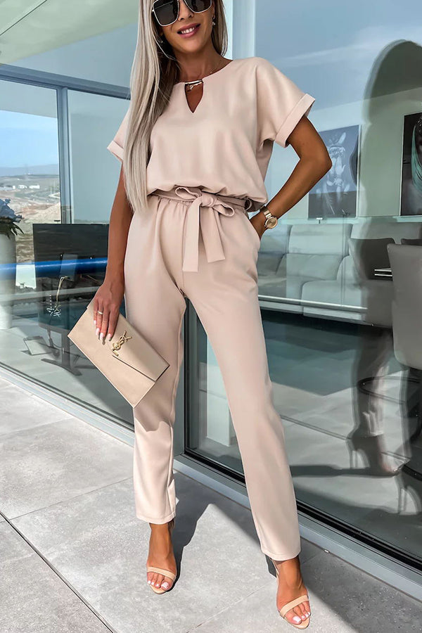 Metal Cutout Neck Belted Pocketed