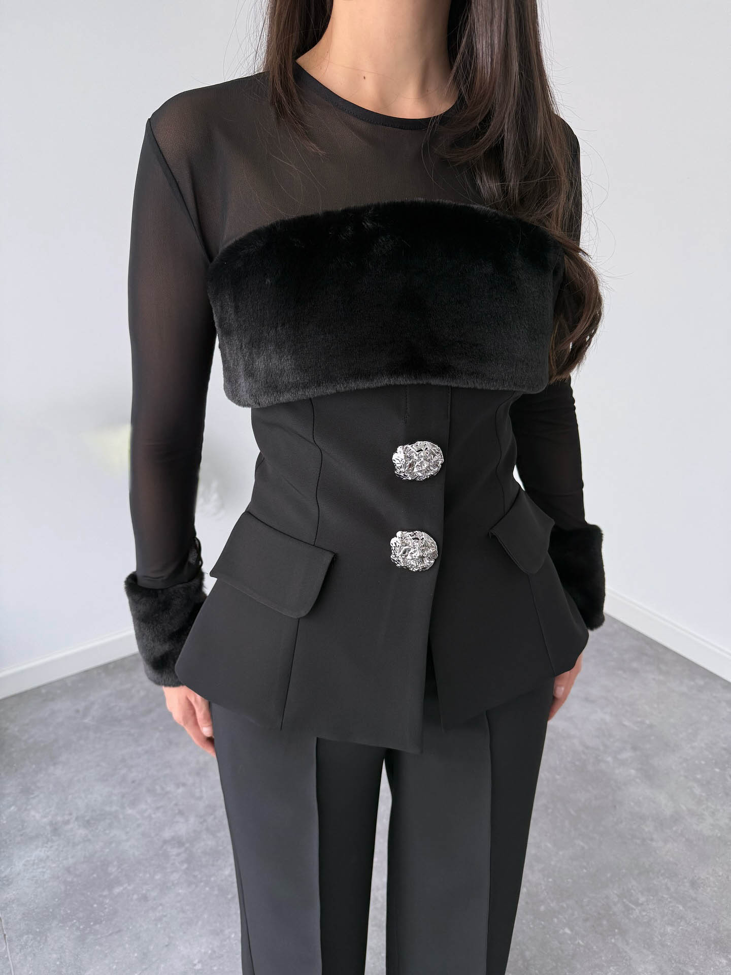 Elegant Plush Detail Button Three-piece Set