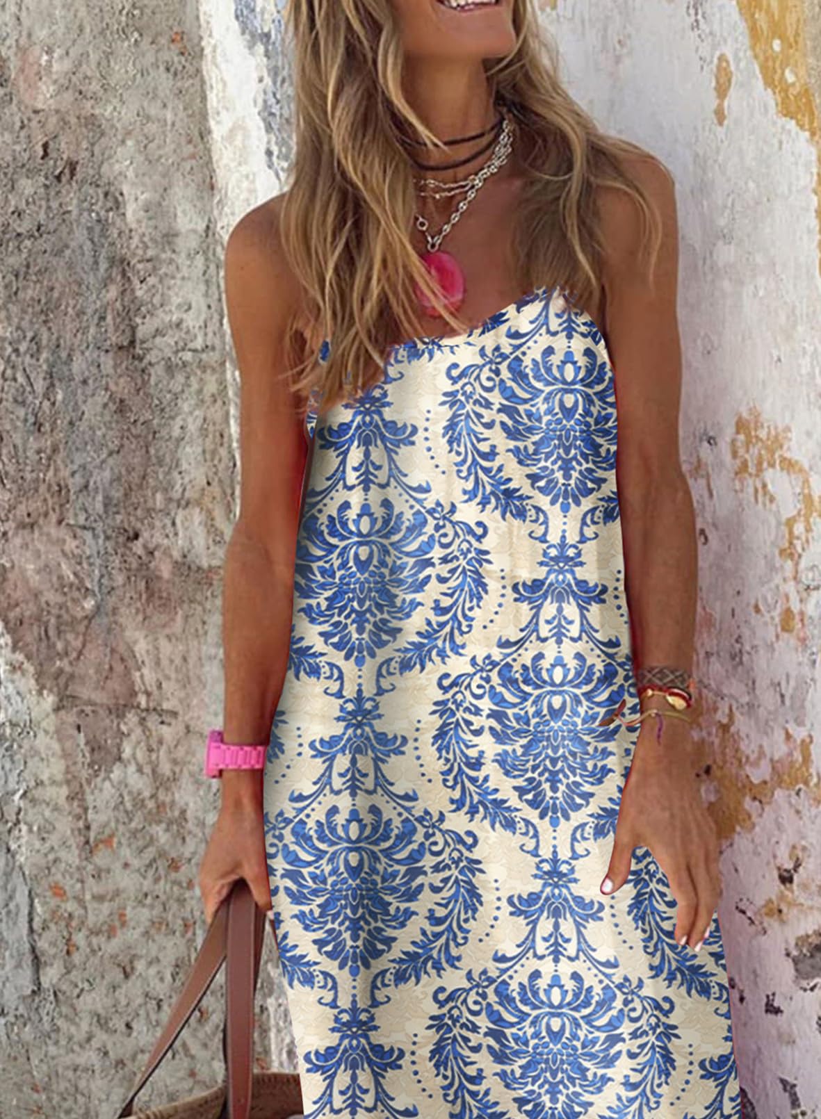 Spaghetti Strap Scoop Neck Smocked Ruffle Flowy Boho Maxi Dress