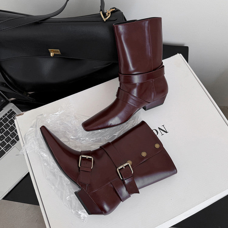 Fashion belt buckle knight boots low heel medium boots women's boots 2025 autumn and winter new square head thick heel fashion boots women