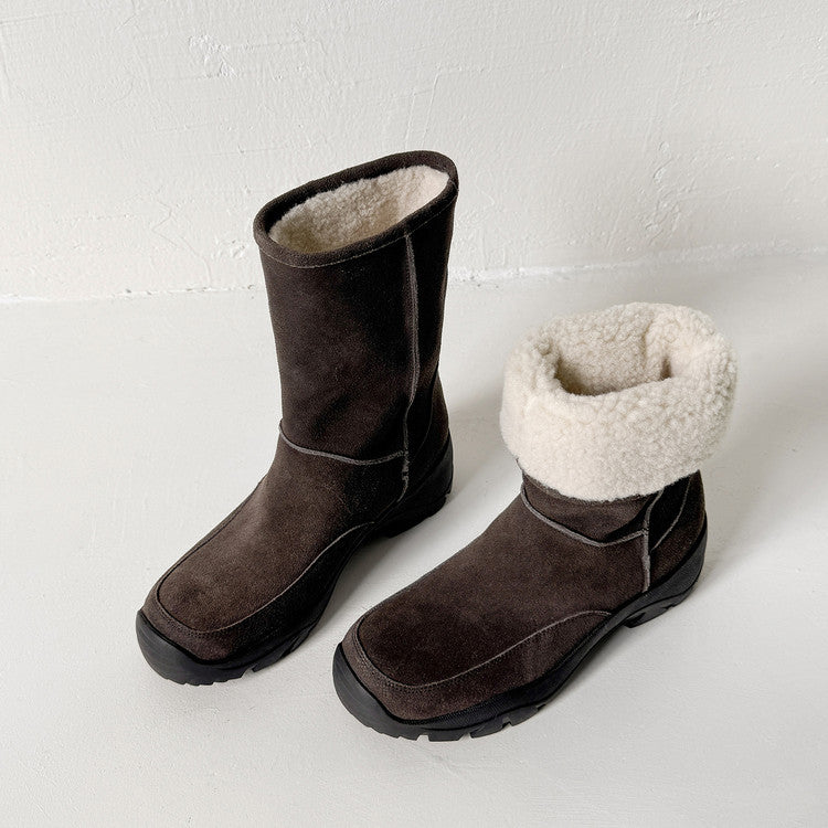 Warm velvet snow boots medium heel women's boots 2025 winter new retro cow flip leather round head thick sole medium boots