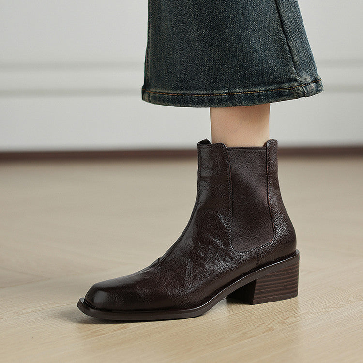 Retro pleated sheepskin thick heel small short boots women's boots 2025 autumn and winter new square head sleeve middle heel Chelsea boots women