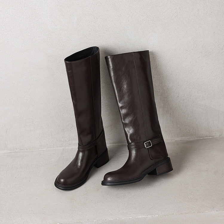 Temperament Versatile Belt Buckle Coarse Heel Tall Knight Boots Women's 2025 Autumn and Winter New Round Head Middle Heel Knee Boots