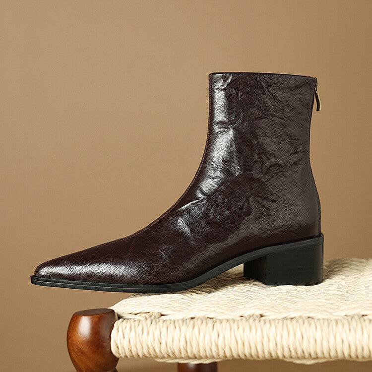 Fashion hand-grabbed sheepskin medium heel short boots women's boots 2025 autumn and winter new retro pointed rear zipper thick heel thin boots