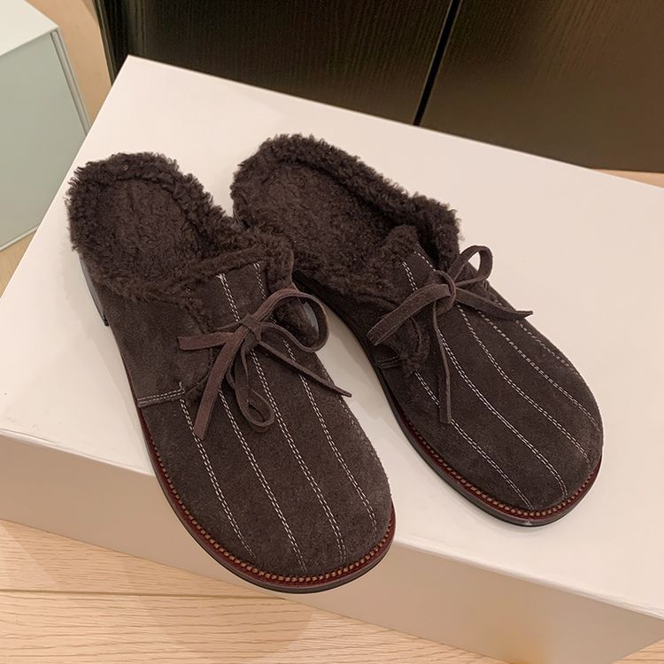 2024 winter new velvet warm bag head slippers women's fashion bow one pedal comfortable thick middle heel hair drag