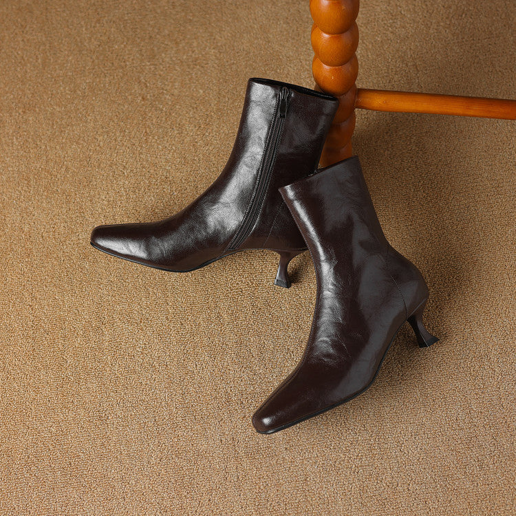 Large size medium heel thin short boots women's autumn and winter 2025 new square head side zipper versatile low heel thin boots women's boots