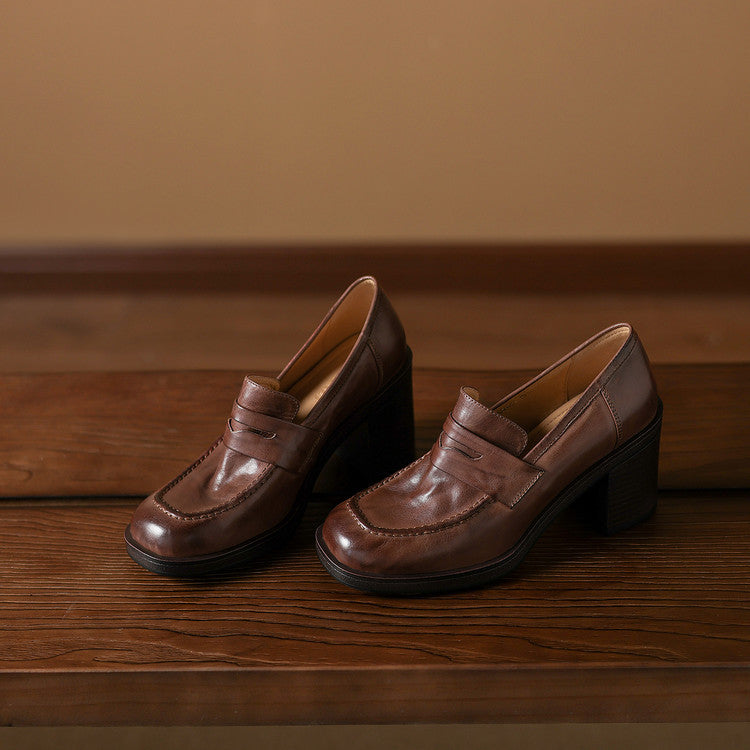 Retro full leather thick heel deep mouth casual loafers women's 2025 autumn new one-pedal high-heeled commuter shoes