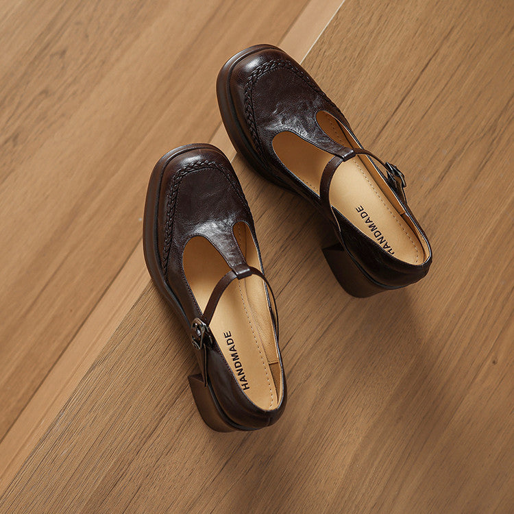 French woven hand-scratched sheepskin high heels 2025 autumn new fashion T-buckle with thick heel Mary Jane single shoes women