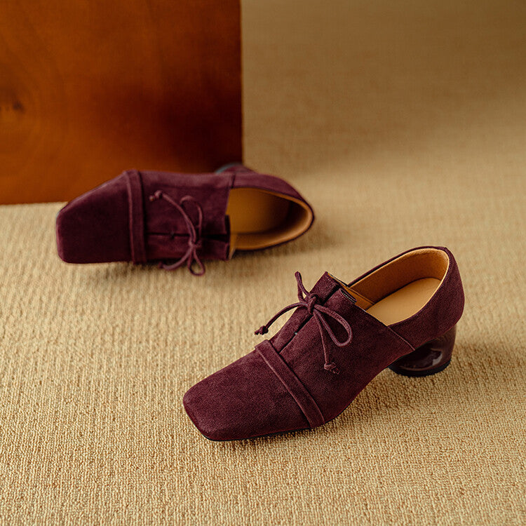 Retro style sheep flip thick heel large size women's single shoes 2024 autumn new square head commuting versatile lace-up special-shaped heel shoes