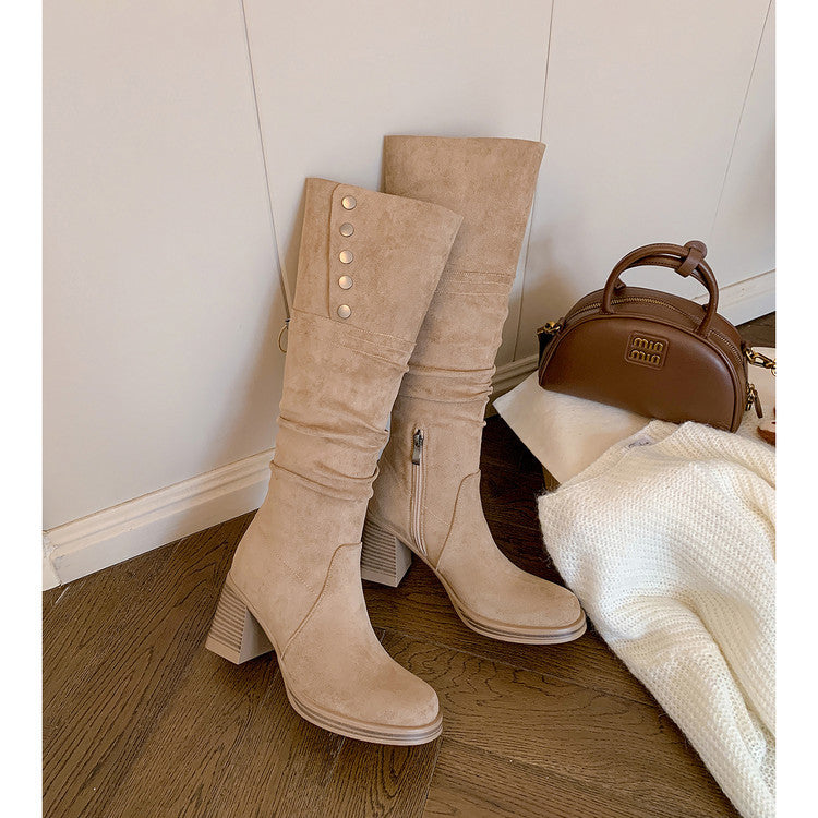 Trend metal buckle shows thin temperament high heel fashion boots women's 2025 autumn and winter new round head fashion pleated thick heel boots