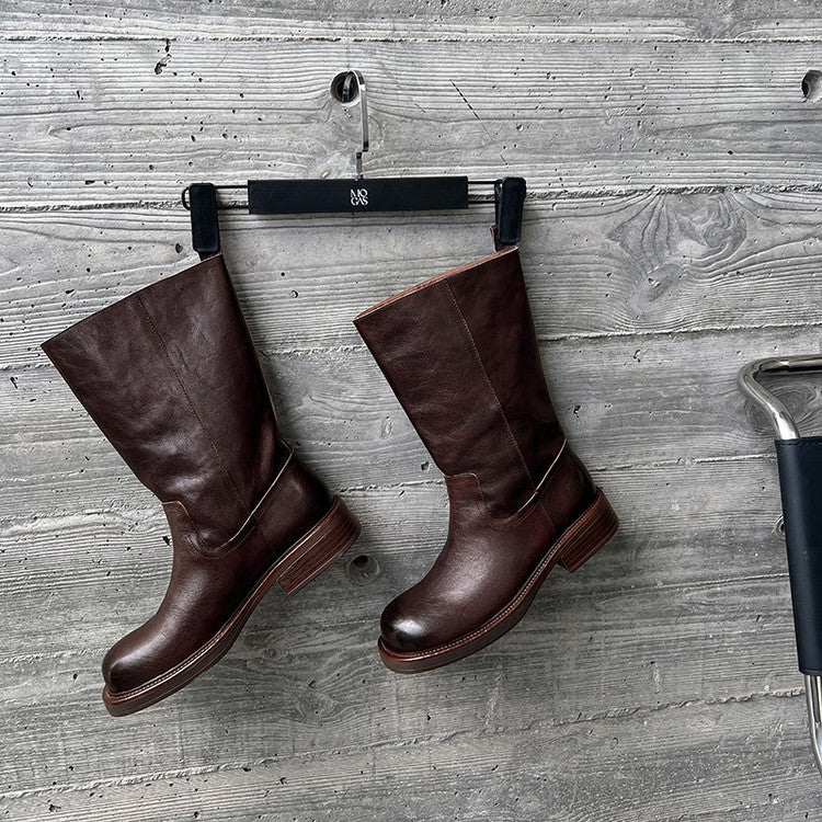 British retro textured cowhide square head thick heel medium boots 2025 autumn and winter new versatile medium heel fashion boots women