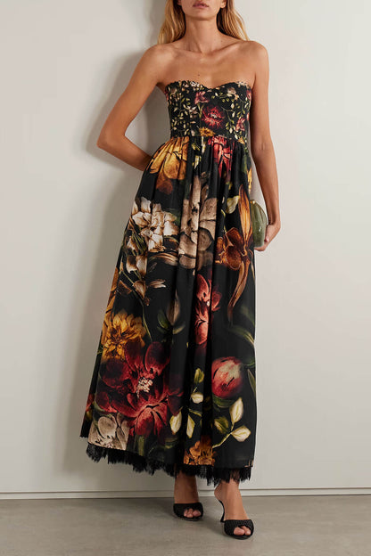 Exquisite Strapless Lace-Trimmed Printed Pleated Midi Dress