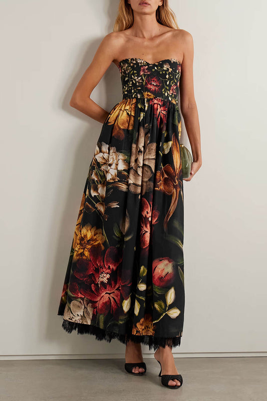 Exquisite Strapless Lace-Trimmed Printed Pleated Midi Dress