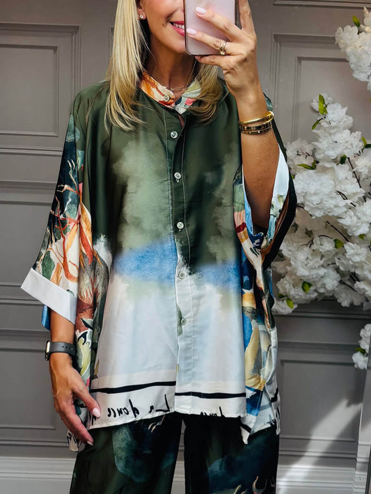 Unique Satin Roman Print Batwing Sleeve Button Shirt