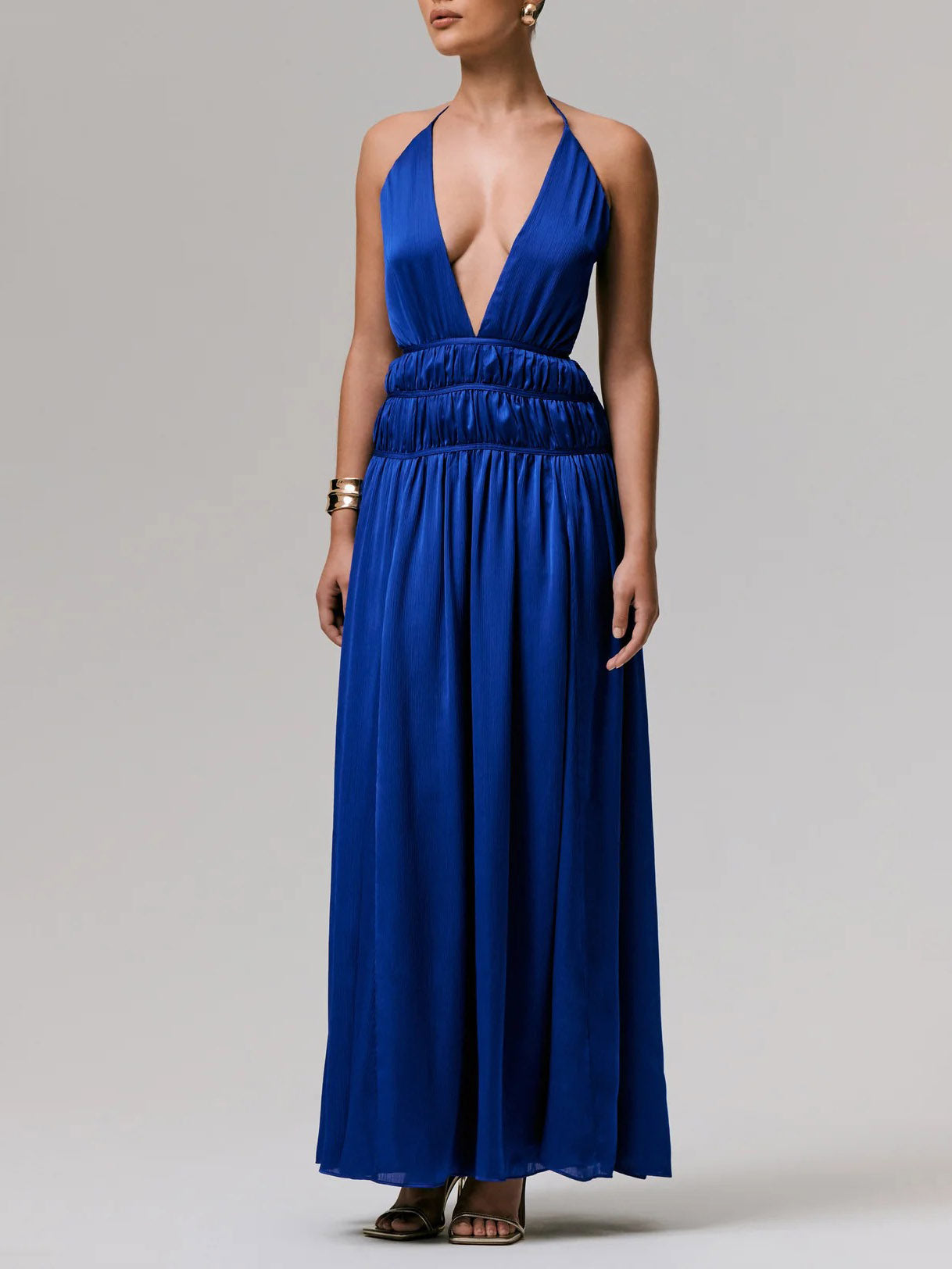 Exquisite Halterneck Lace-up Deep V-neck Satin Maxi Dress