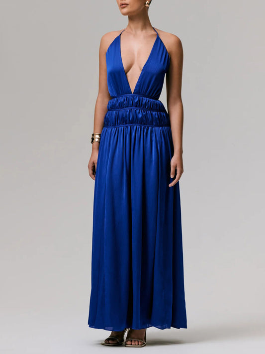 Exquisite Halterneck Lace-up Deep V-neck Satin Maxi Dress