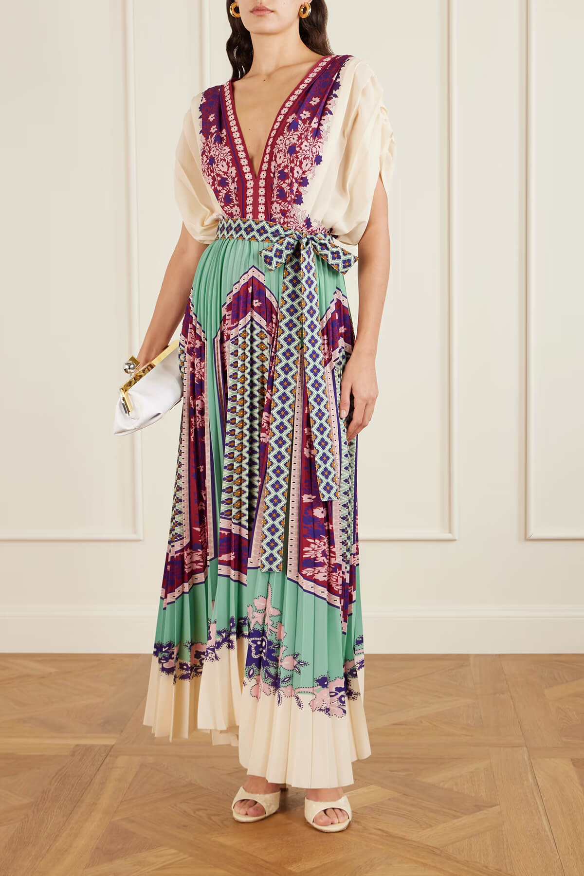 Exquisite V-Neck Tie-Up Printed Ruched Maxi Dress