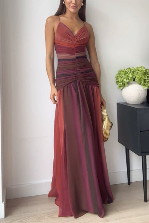 V Neck Ruched Gradient Chiffon Maxi Cami Dress