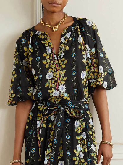 Elegant Scalloped Floral Print Chiffon With Lantern Sleeves Blouse